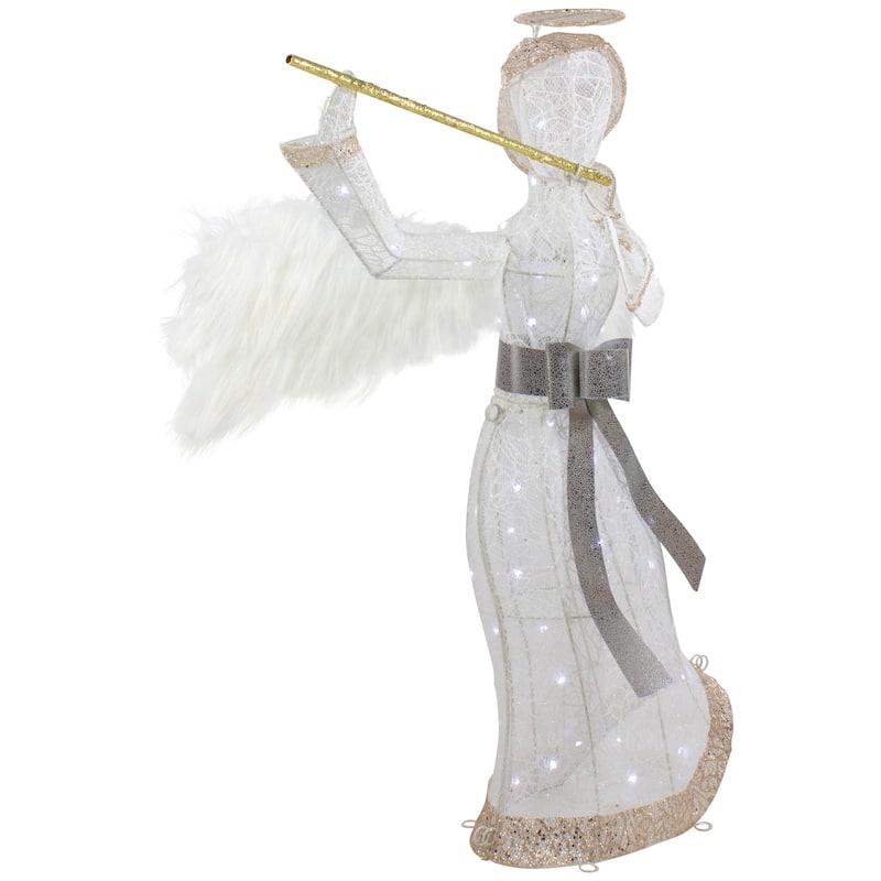 36" LED Lighted Lace Angel with Flute Outdoor Christmas Decoration - White