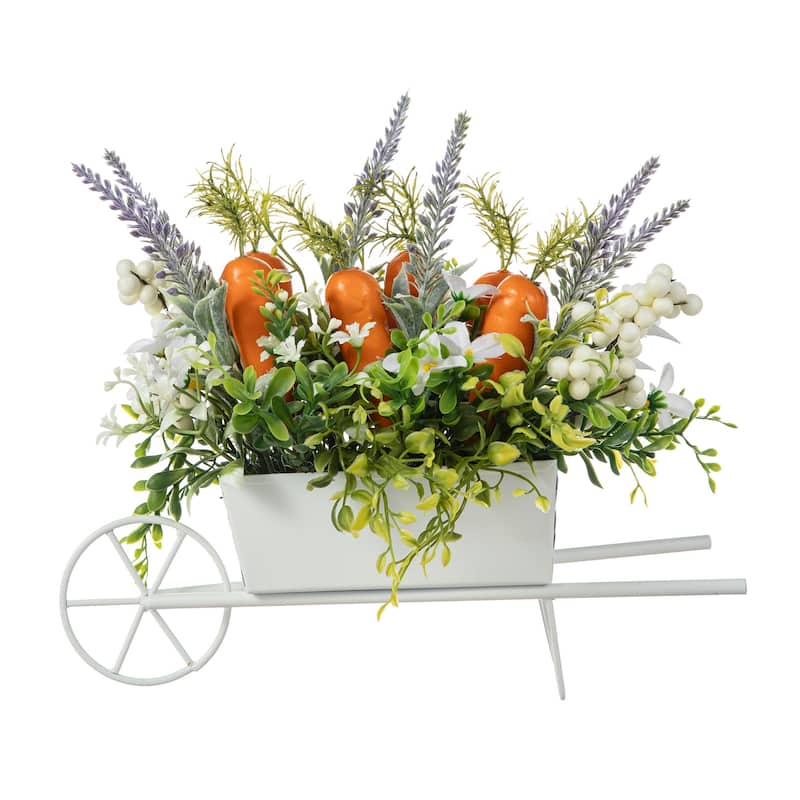 Glitzhome 12.5"L Easter Carrot Floral Wreath in Metal Wagon Centerpiece Table Decor