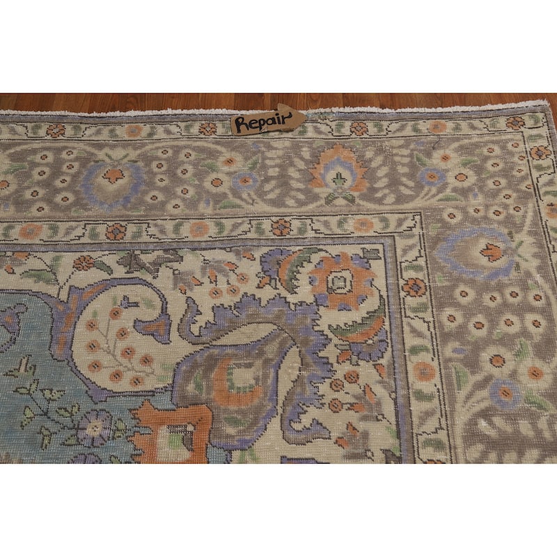 Blue Medallion Tabriz Persian Vintage Rug Hand-Knotted Wool Carpet - 9'7" x 12'4"