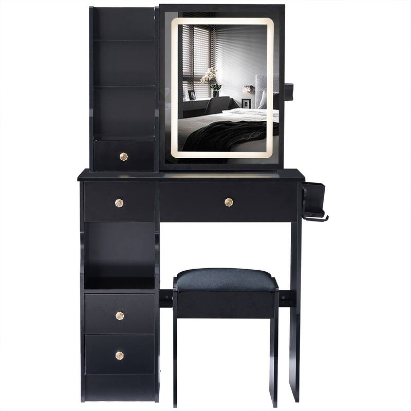 29.2" Small Size Left Drawer Desktop Vanity Table + Cushioned Stool, 2 AC+2 USB Power Station, Hair dryer bracket