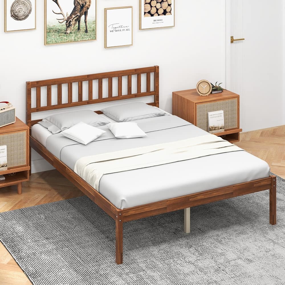Gymax Twin/Full/Queen Platform Bed with Headboard Solid Wood Leg