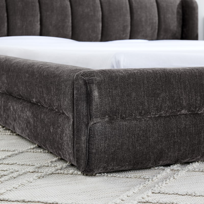 Queen Size Upholstered Bed Frame with Chenille Fabric, Modern Platform Design & Sturdy Headboard