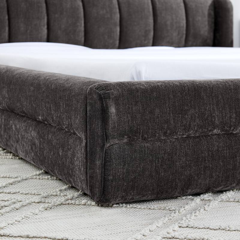 Roomfitters Queen Upholstered Chenille Fabric Low Platform Bed with Rounded Headboard, Solid Frame