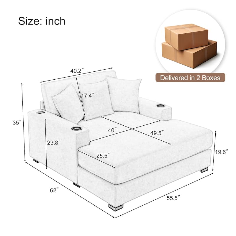 Merax 55" Oversized Chenille Fabric Chaise Lounger with Pillows