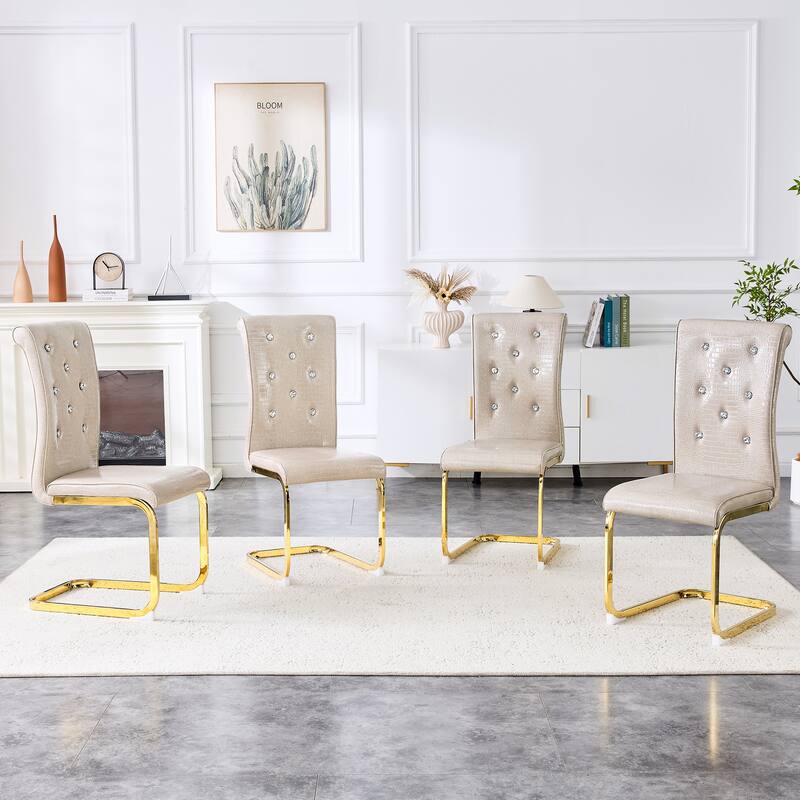 Set of 4, Retro Faux Alligator Skin Upholstered Dining Chairs, with Crystal Buckle Design and Faux Leather Design