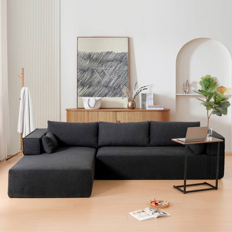 L-Shaped Modular Sectional Sofa with Side Table, Chaise, Wide Seat - Black