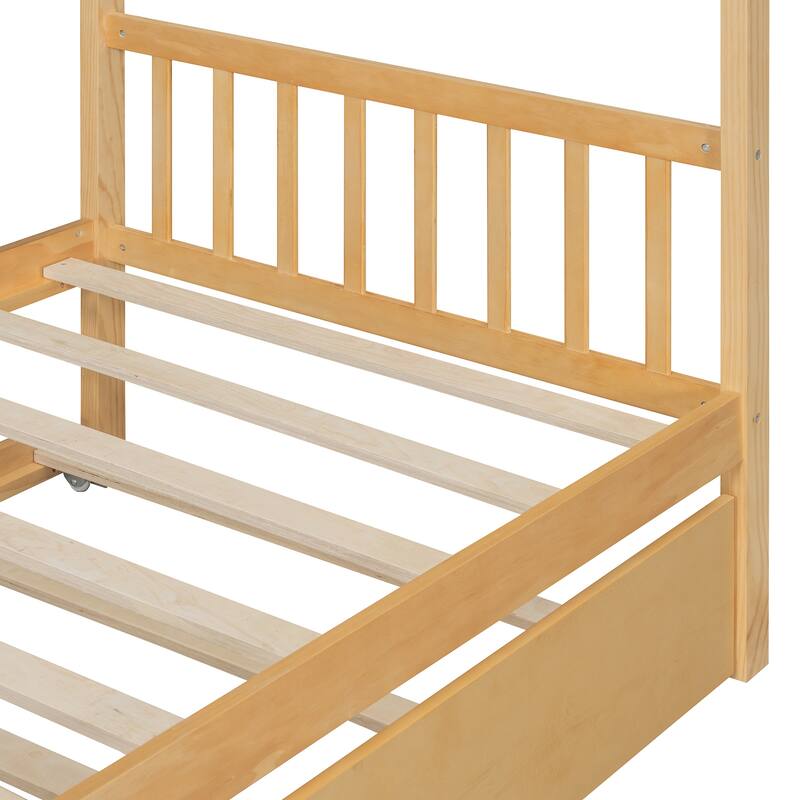Twin Size Wooden House Bed with Pull-Out Trundle, Natural Finish