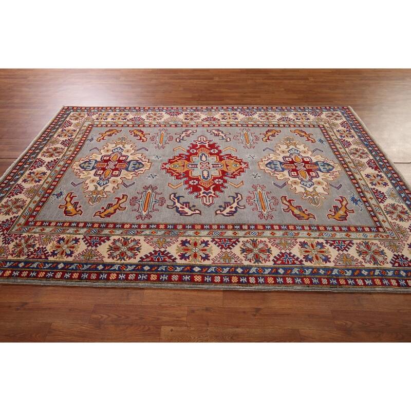 Geometric Kazak Rug Hand-Knotted Grey Traditional Wool Carpet - 5'10" x 8'4"