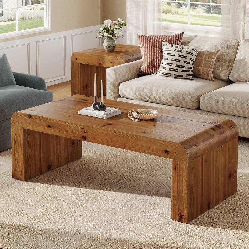 Solid Wood Coffee Table, 47-Inch Farmhouse Rectangle Center Table