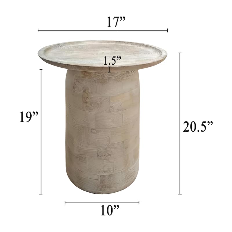 Joana Side End Table, Sandblasted Distressed White Mango Wood, 17 Inch Round Top