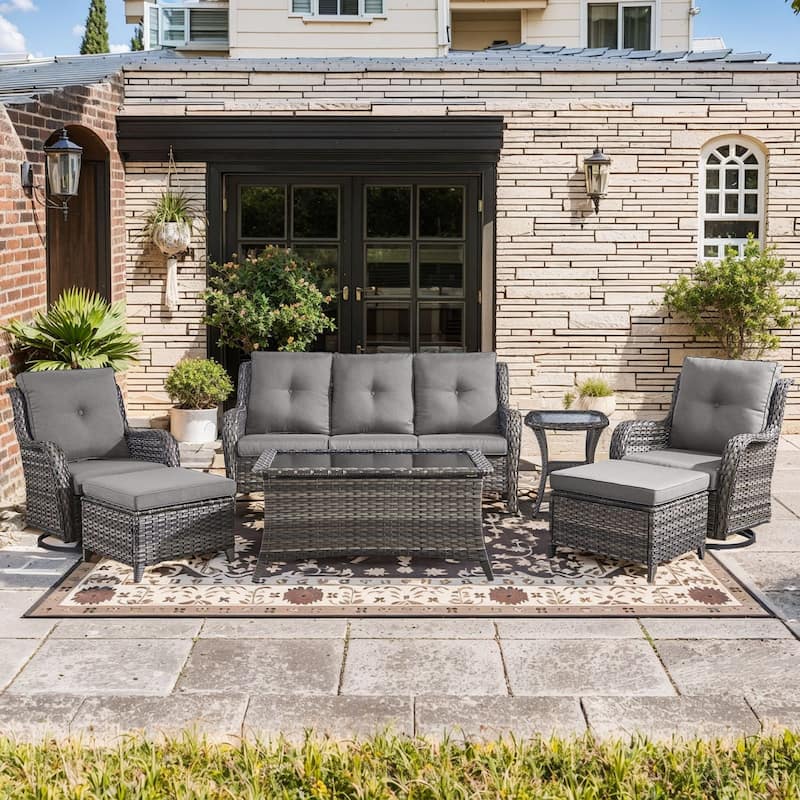 Pocassy Outdoor 7PCS 3-Seat Sofa Swivel Chairs Table Ottoman - Gray cushion - Gray Wicker