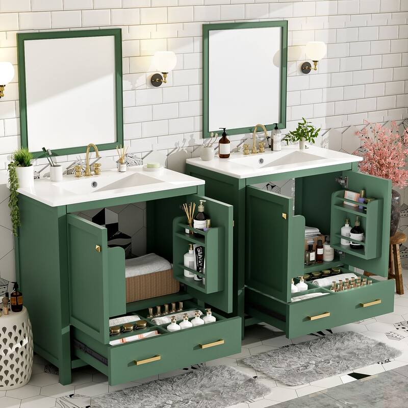 60 Inch Bathroom Vanity with Double Ceramic Sinks, 4 Doors, 2 Drawers, and Divided Storage - Freestanding Design