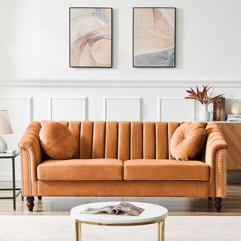 Velvet Upholstered 3 Seat Sofa Couch, Modern Comfortable Tufted Back Sleeper Sofa with Nail Arms and 2 Pillows, Solid Wood Legs