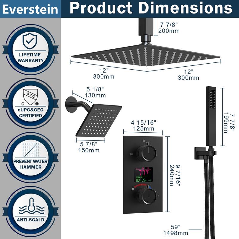 Dual Heads 12" Rainfall & High Pressure 6" Shower System w/ 3 Way Digital Display Faucet