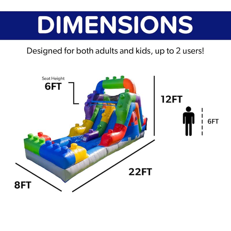 HeroKiddo 12 FT Block Party Dual Lane Backload Inflatable Water Slide with Attached Pool & Air Blower, Commercial Grade, Outdoor