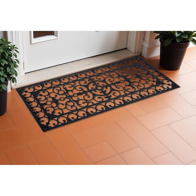 HomeRoots 17" X 41" Black Scrollwork Outdoor Rubber Door Mat - 17' X '41