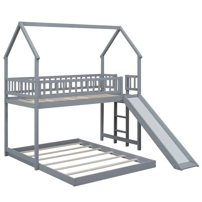 Twin over Full House Bunk Bed with Slide and Full-Length Guardrail
