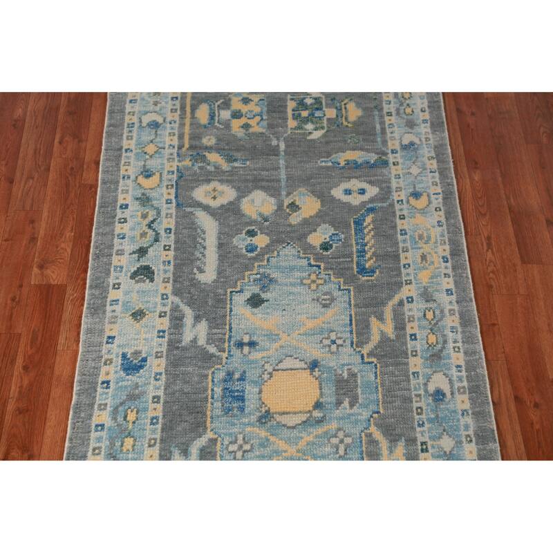 Hand Knotted Oriental 100% Wool Carpet Transitional Geometric Greys & Charcoal Oushak Runner Rug - 15' 0'' X 3' 2''