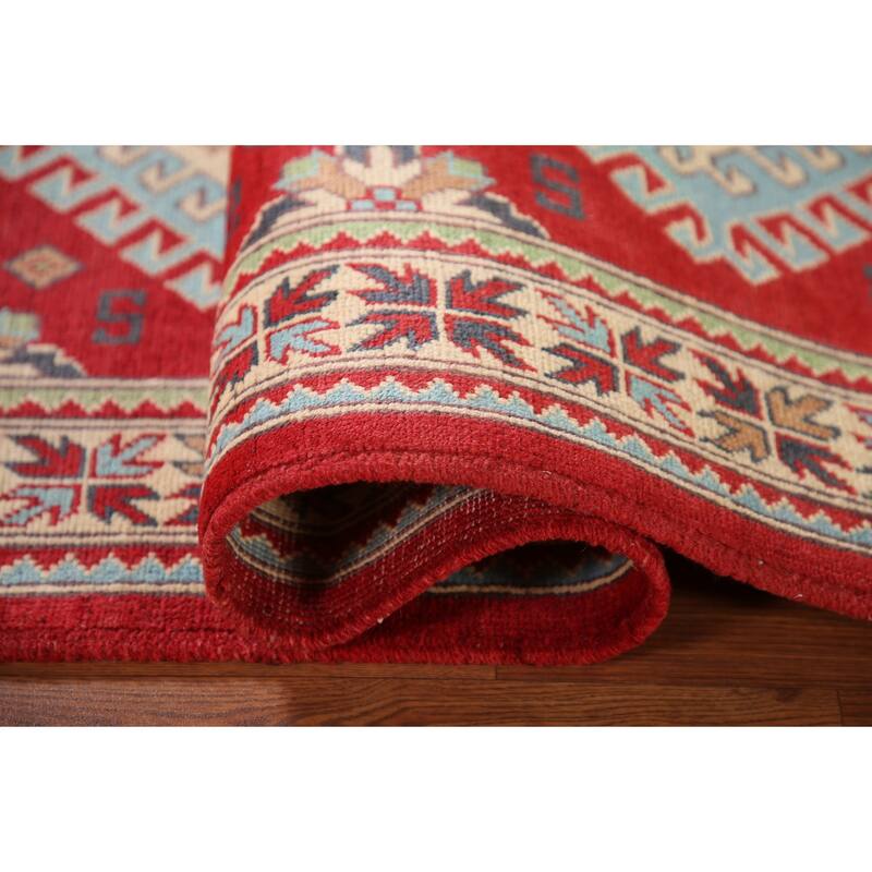 Geometric Red Kazak Rug Hand-Knotted Traditional Bedroom Wool Carpet - 3'4"x 4'10"