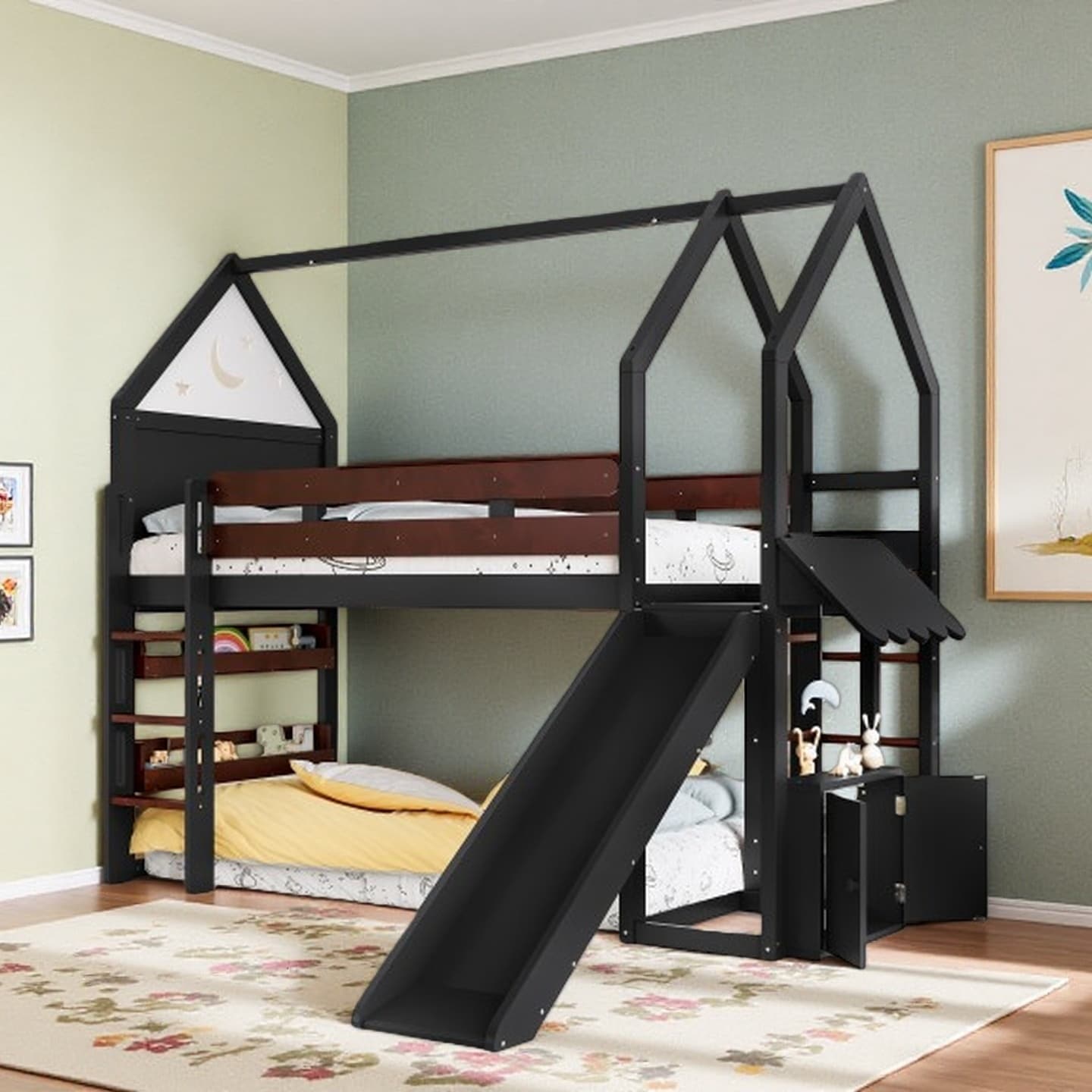Twin Loft Bed for Kids with Star & Moon Cottage Design, Built-in Bookshelves, Slide and Adjustable Ladders