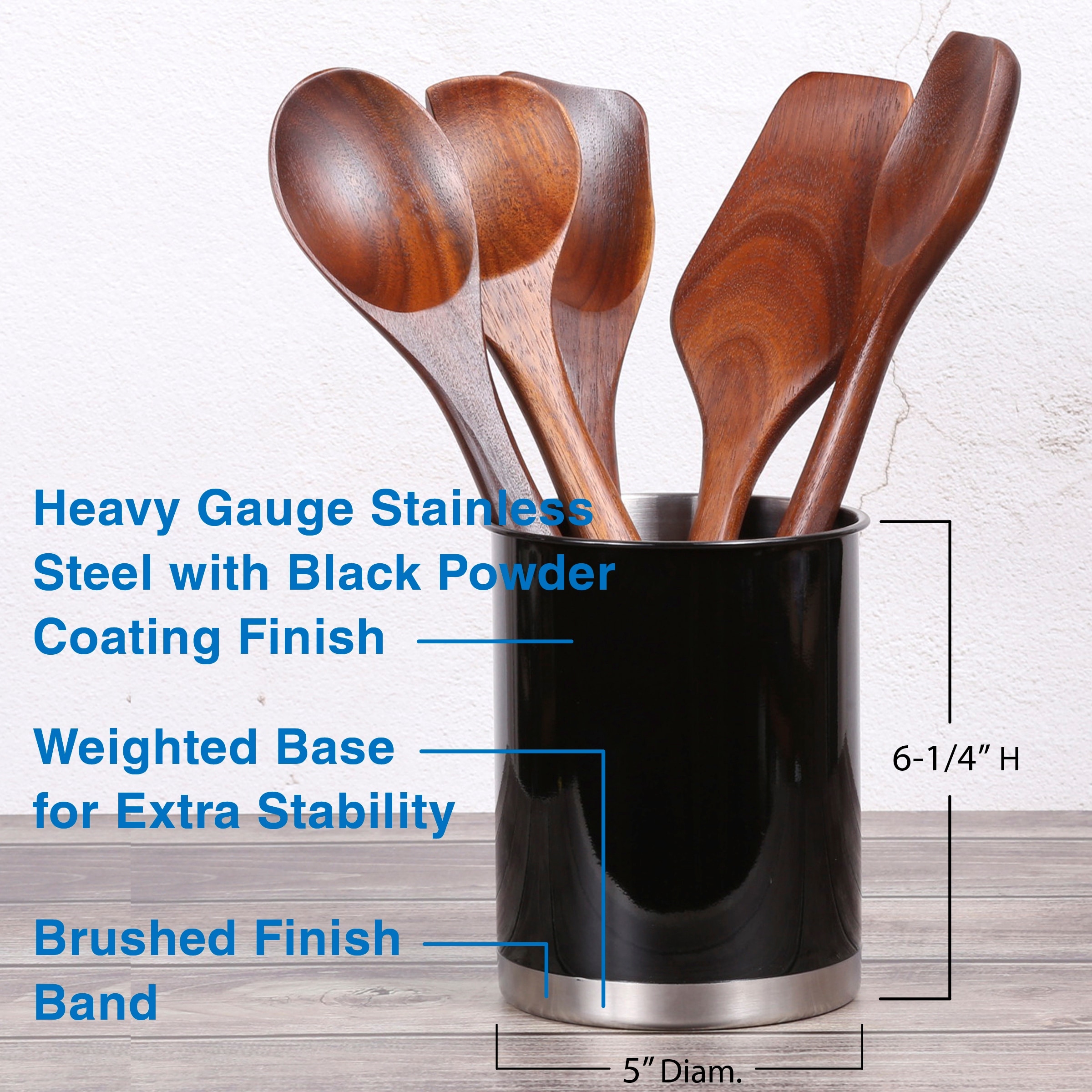 Heavy Gauge Black 5 in. Dia. x 6-1/4 in. H Small Stainless Steel Tool Crock Utensil Flatware Holder Heavy Gauge Black 5 in. Dia. x 6-1/4 in. H Small Stainless Steel Tool Crock Utensil Flatware Holder