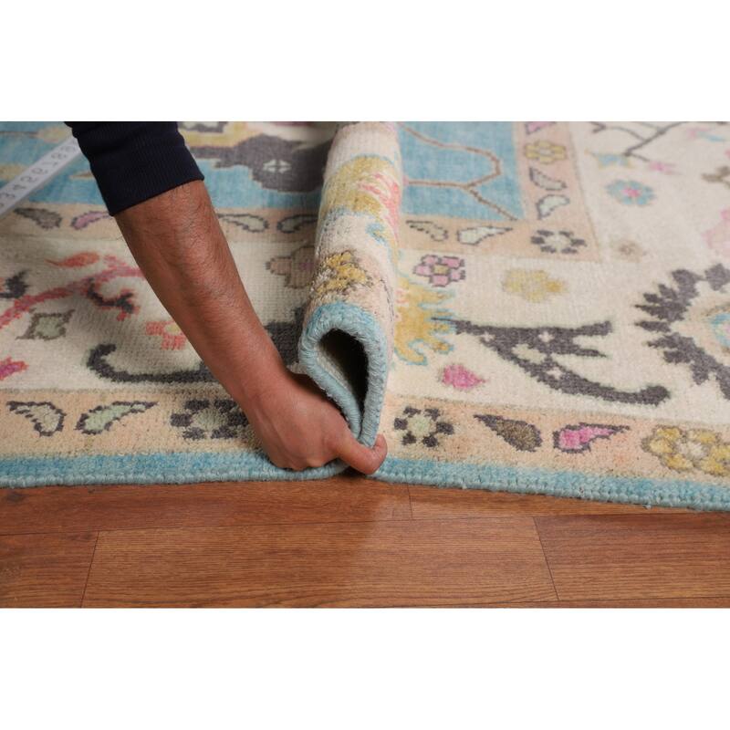 Light Blue Floral Oushak Oriental Area Rug Hand-Knotted Wool Carpet - 8'11"x 11'9"