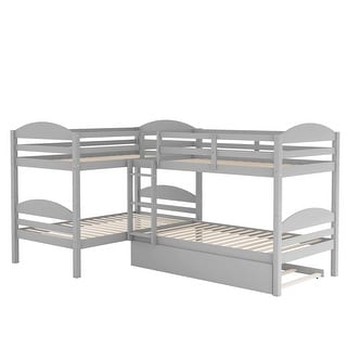 Twin Over Twin L-shaped Triple Bunk Bed with Trundle Bed & Ladder