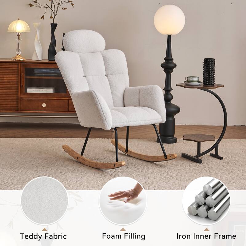 Teddy Fabric Upholstered Modern Nursery Rocking Glider Accent Chair with High Backrest