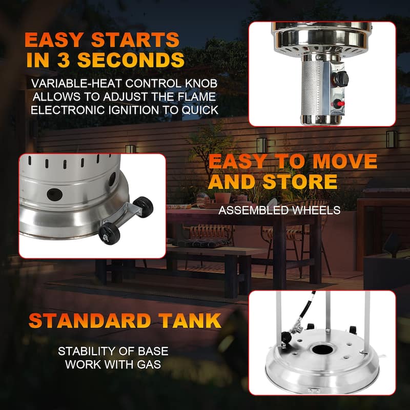 Outdoor 48,000 BTU Propane Patio Heater with Wheels and Cover, Stainless Steel Burner for outdoor use, Triple Protection System