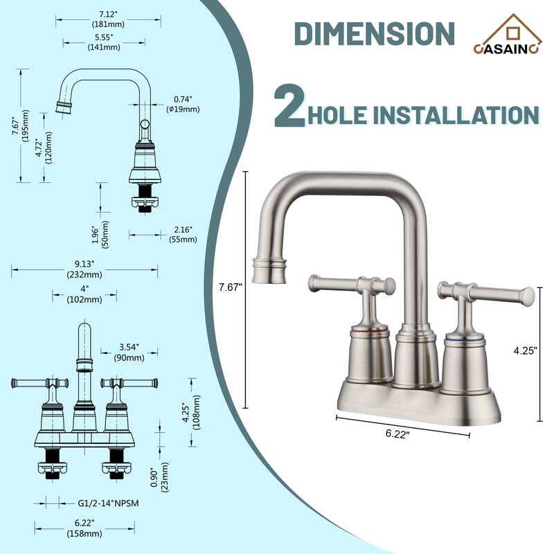 4 in. Centerset Double Handle Bathroom Faucet with Drain Kit Included
