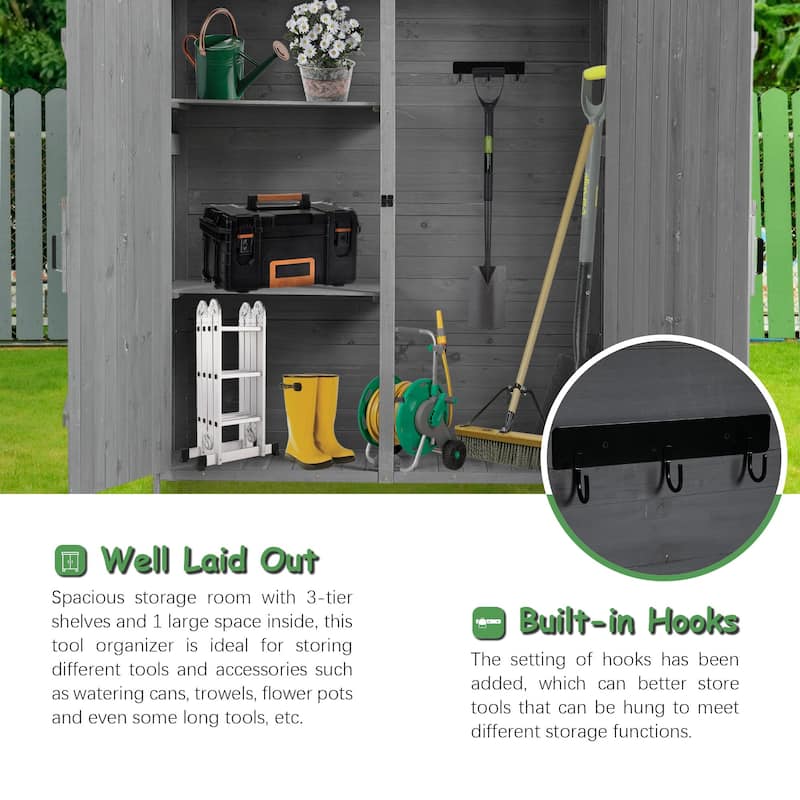 56"L Outdoor Storage Shed with Lockable Doors, Waterproof Roof, Detachable Shelves