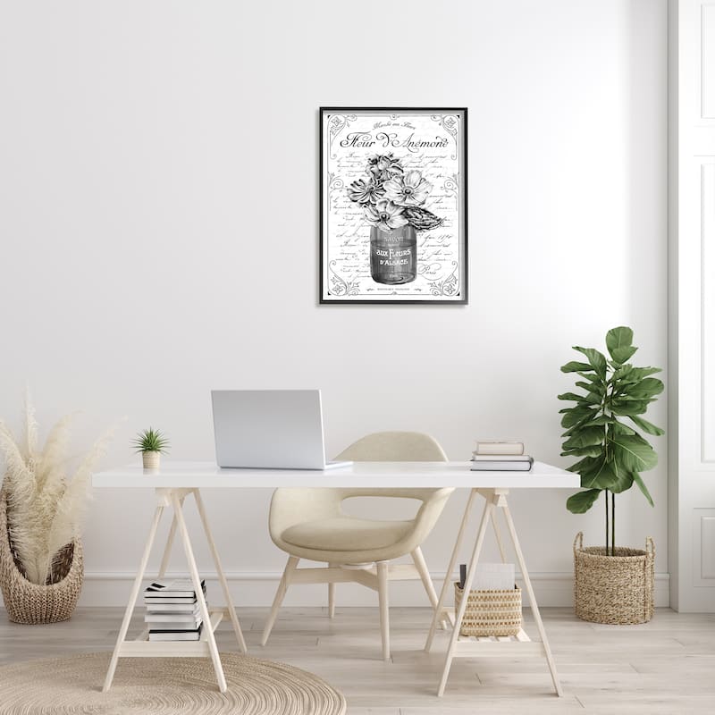 Stupell Anemone Flower French Text Fancy Floral Border Framed Wall Art, Design by Lettered and Lined - Grey