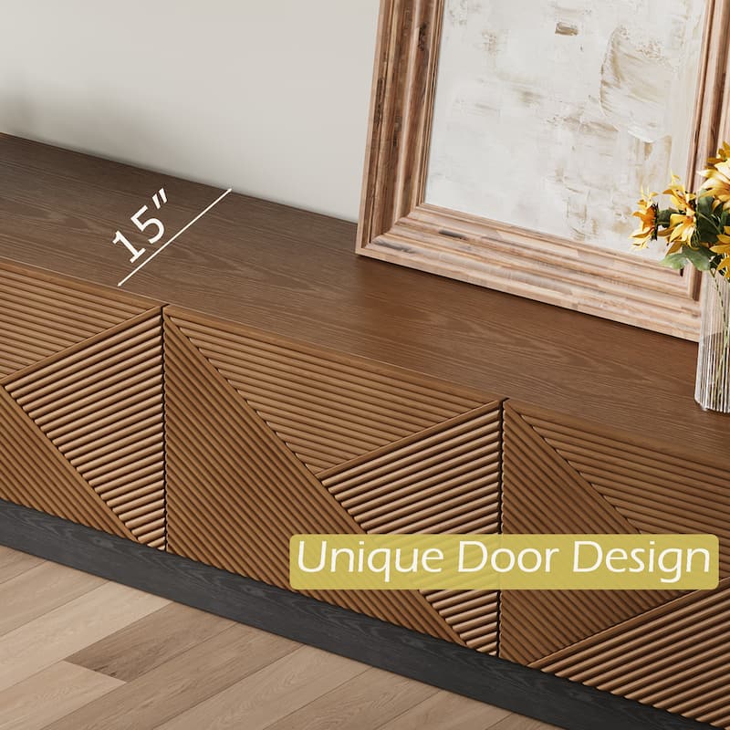 78.74" Mid Century Modern TV Stands, with Brown Solid Wood Veneer, Media Consoler with 4 Cabinets