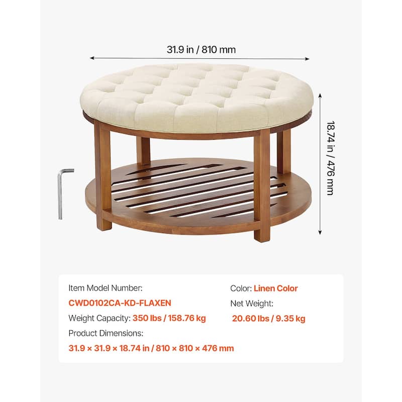 Linen Round Ottoman Coffee Table with Storage Tufted Upholstered Bench Footrest 350 lbs Capacity