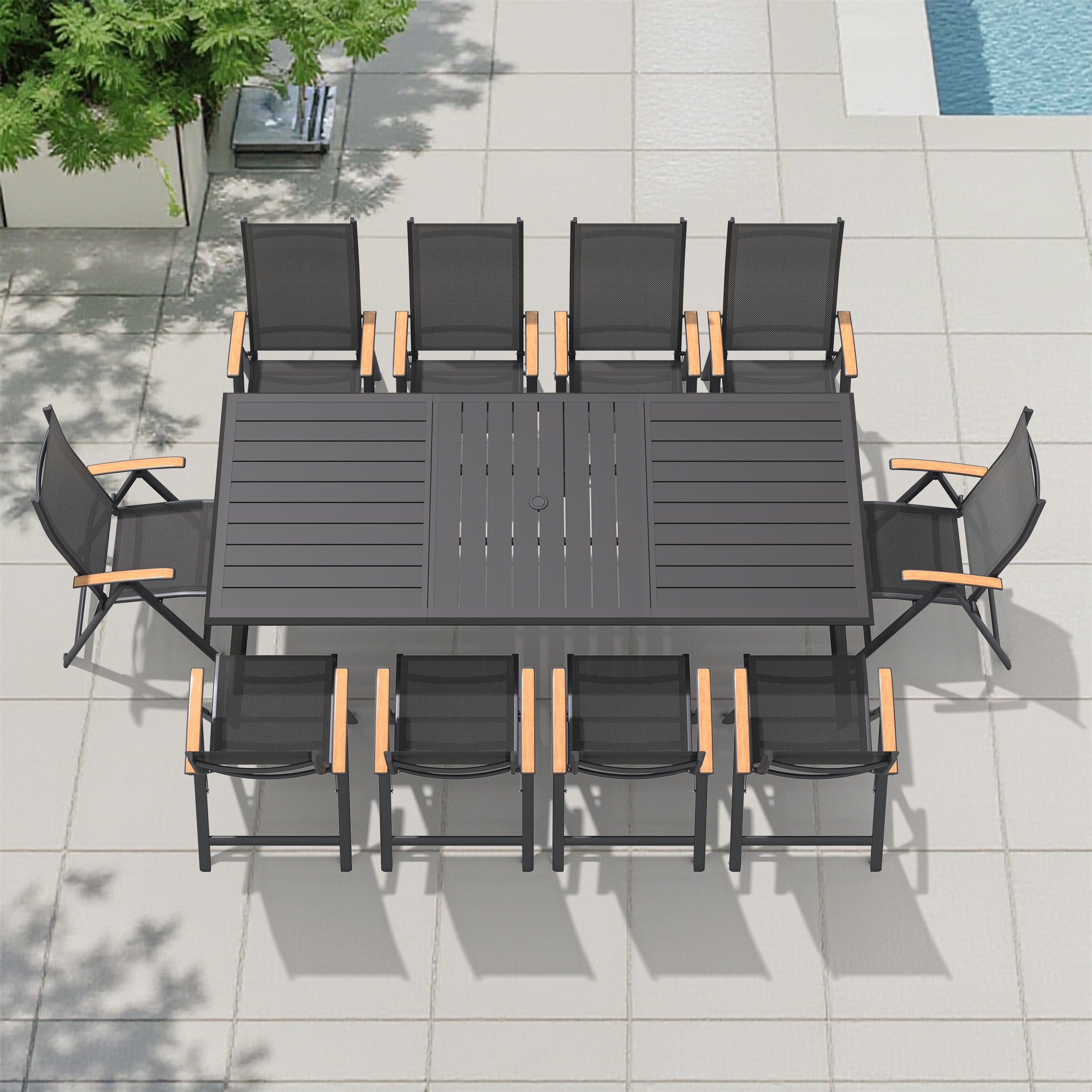 11-Piece Outdoor Aluminum Dining Table with Umbrella Hole and Foldable Dining Chairs with Adjustable Back