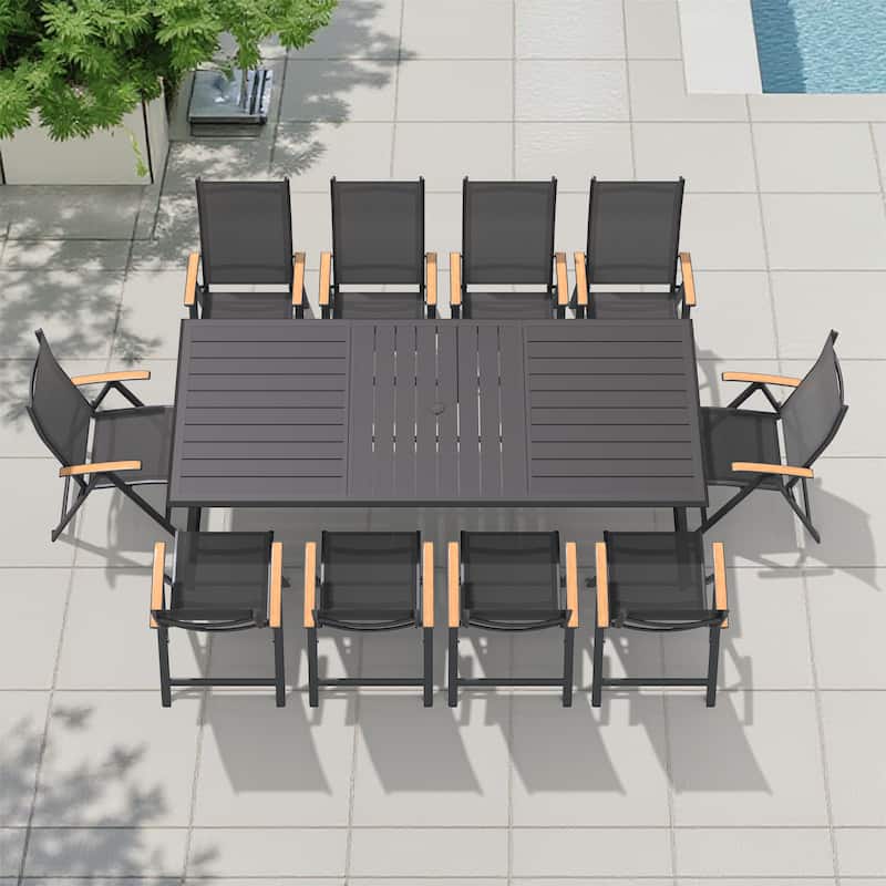11-Piece Outdoor Aluminum Dining Table with Umbrella Hole and Foldable Dining Chairs with Adjustable Back - Black