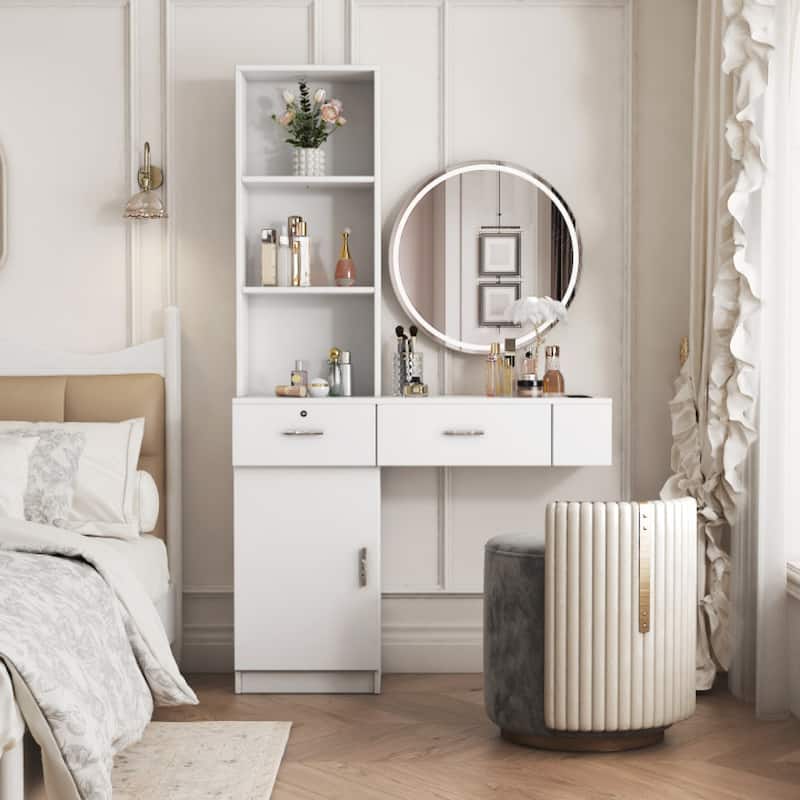 Roomfitters Modern Vanity Table with Storage Shelves, Multi-Layer Makeup Desk with Drawers and Cabinet
