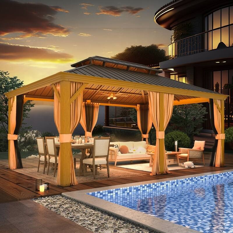 Erommy Pro Series Outdoor Galvanized Steel Roof Gazebo Pergola w/ Aluminum Frame & Vertical Rain Cutter