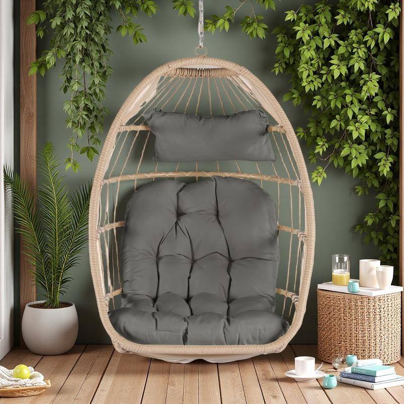 Rattan Egg Hanging Chair with UV-Resistant PE Wicker with Wood Frame and Waterproof Cushion - Dark Gray