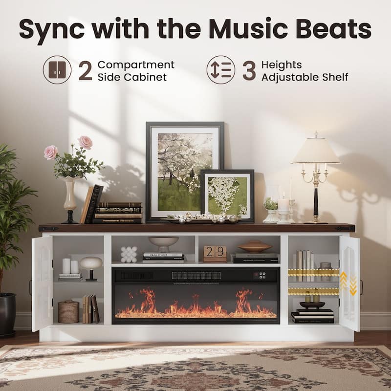 Meyreso 70.8" Vintage Fireplace TV Stand with 36" Electric Insert, Arched Glass Doors & LED Lighting