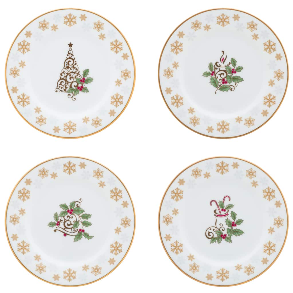 Noritake Holly & Berry Gold Set Of 4 Holiday Assorted Appetizer Plates, 6-1/4"