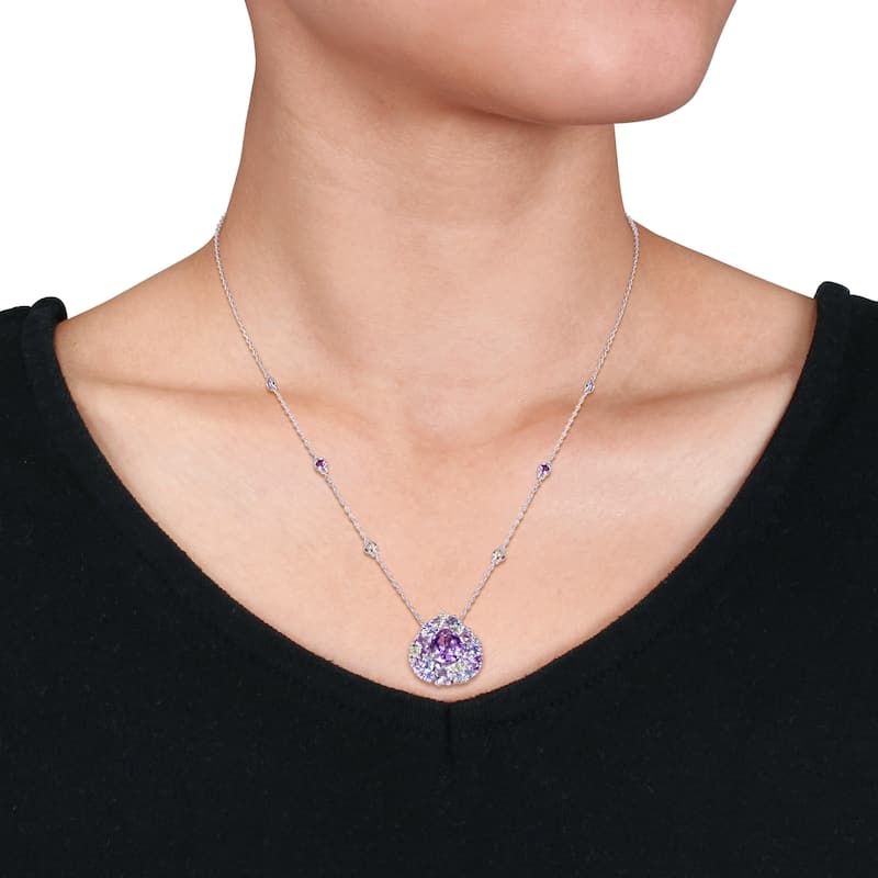 Miadora Sterling Silver Tanzanite, Rose de France, Peridot and Amethyst Teardrop Halo Station Necklace