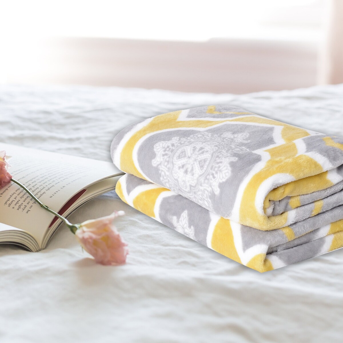 Microfiber Gray Yellow Moroccan Pattern Flannel Throw Blanket Knitted Grey 60x80