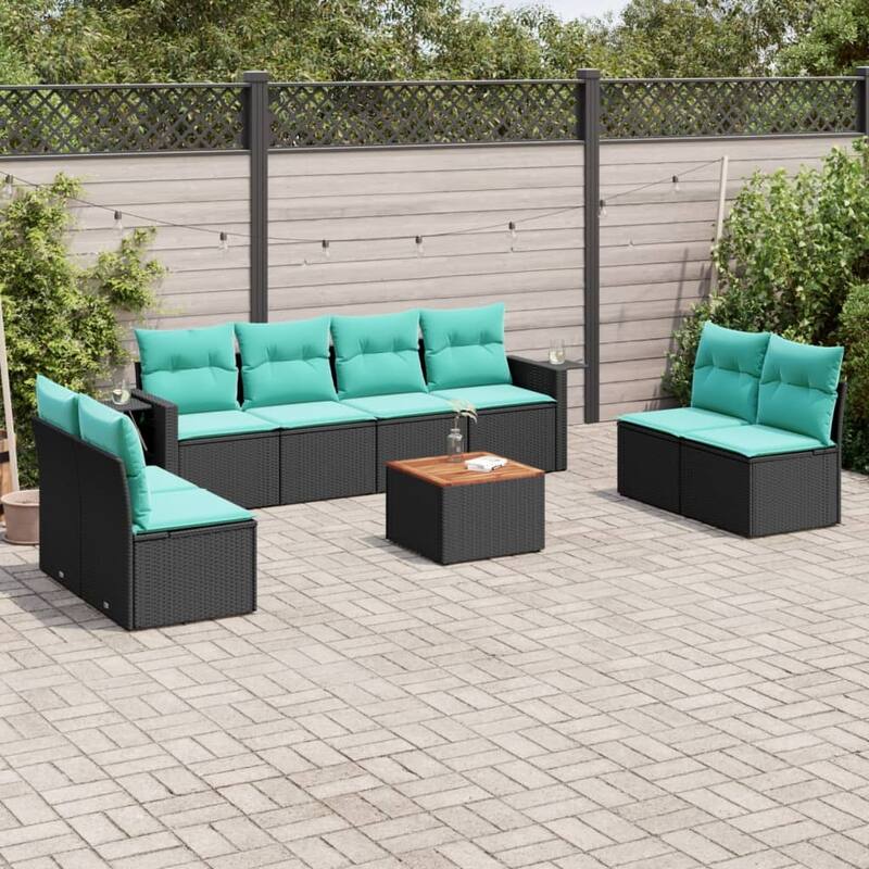 vidaXL 9 Piece Patio Sofa Set with Cushions Black Poly Rattan - 21.7x24.4x27.2
