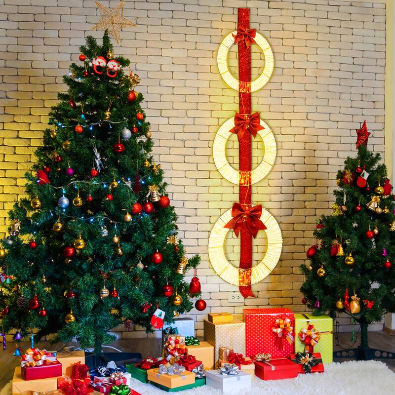 Gymax Set of 3 Christmas Lighted Wreaths Pre-Lit Metal Wreaths on Red - Multi-colors - See Details