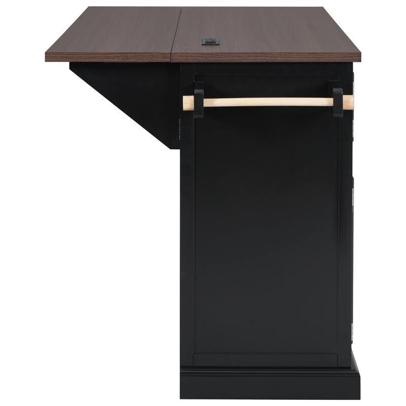 54.9" Kitchen Island with Drop Leaf, Power Outlet, with 4 Door Shelves, Cross Barn Doors & Visual Glass Door on 4 Wheels