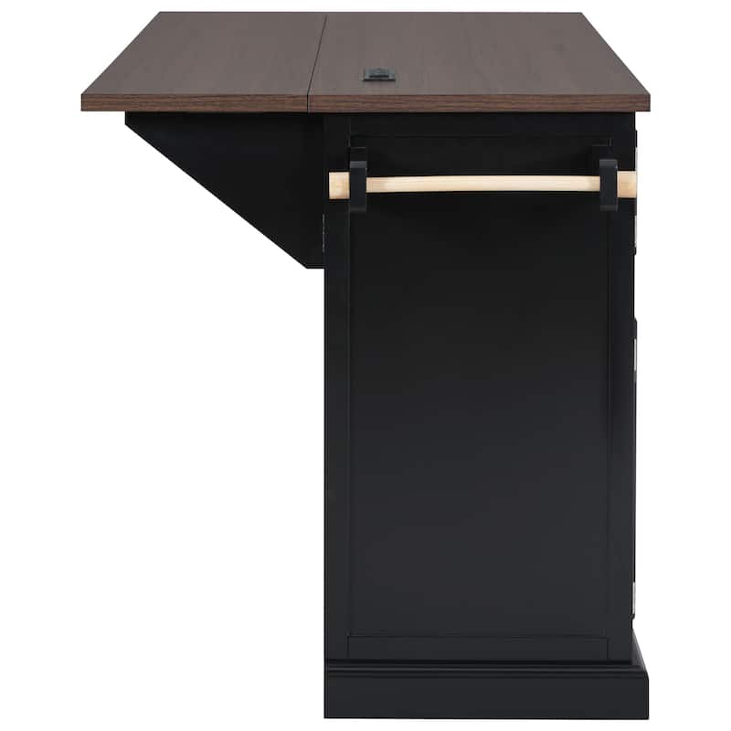 54.9"Kitchen Island with Drop Leaf, 4 Door Shelves, Cross Barn Doors & Visual Glass Door, Rolling Kitchen Island on 4 Wheels