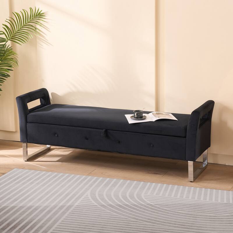 Roomfitters Velvet Storage Bench, Upholstered Entryway and Bedroom Bench with Armrests and Metal Legs - Black