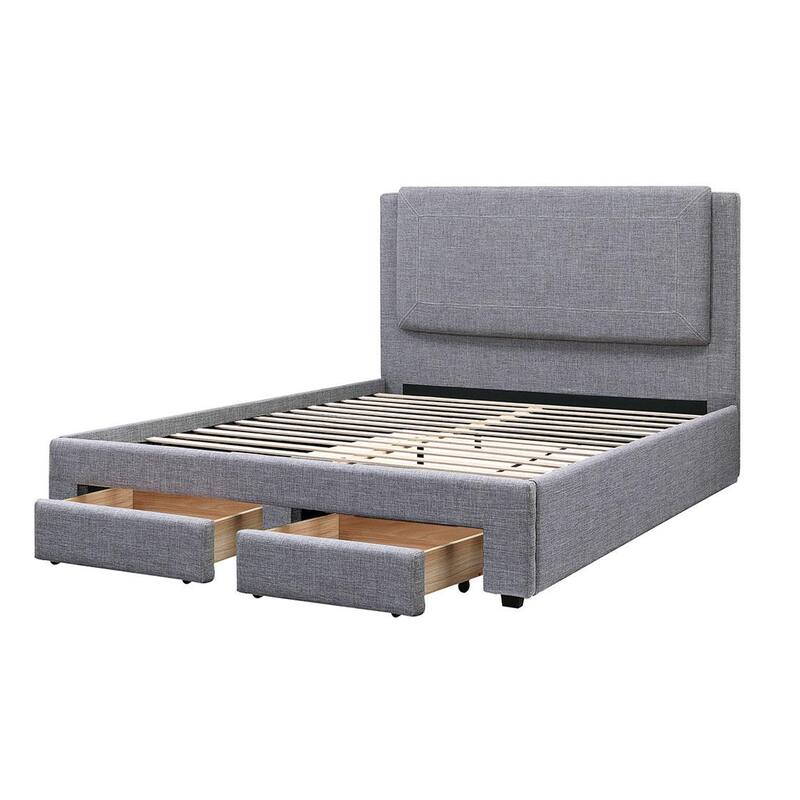 Fina Queen Size Bed w Storage Footboard, Gray Faux Linen Upholstery