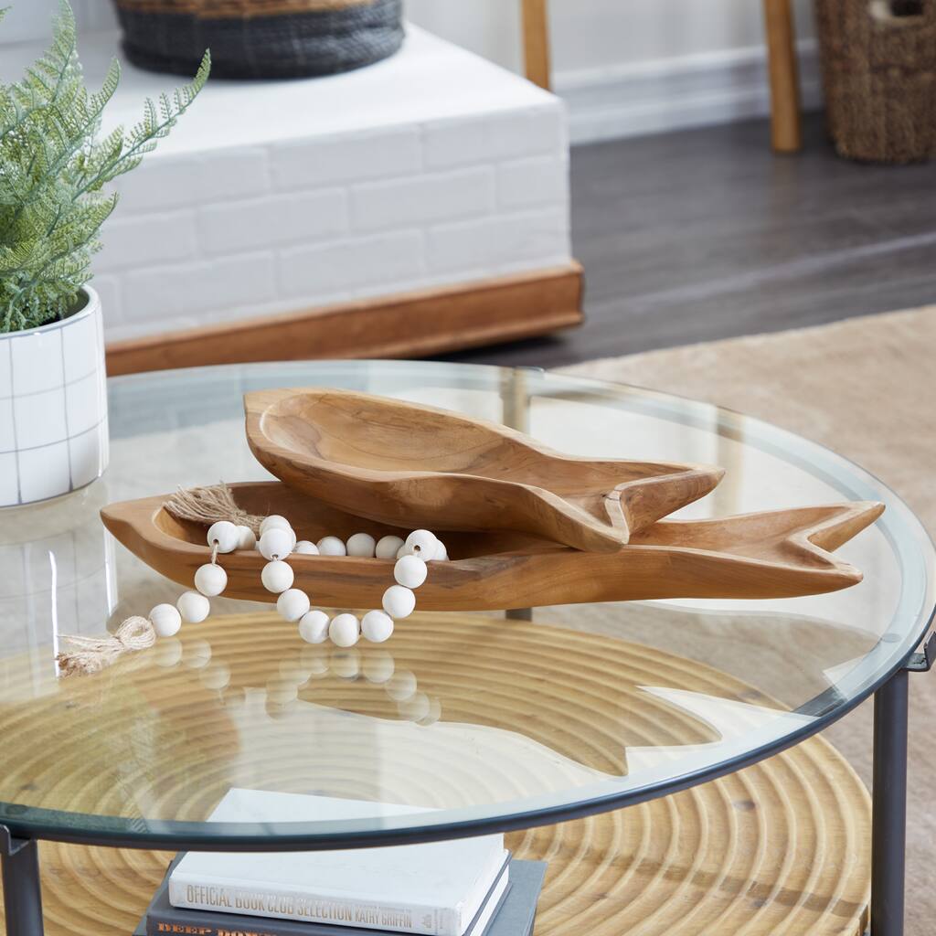 Brown Teak Wood Handmade Fish Living Room Decor Tray (Set of 2) - S/2 24", 16"W
